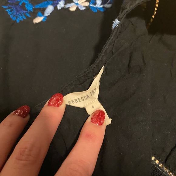 Rebecca Taylor Embroidered Mini Dress Eyelet Hem Cap Sleeve Button Back Black 4 - Picture 4 of 11